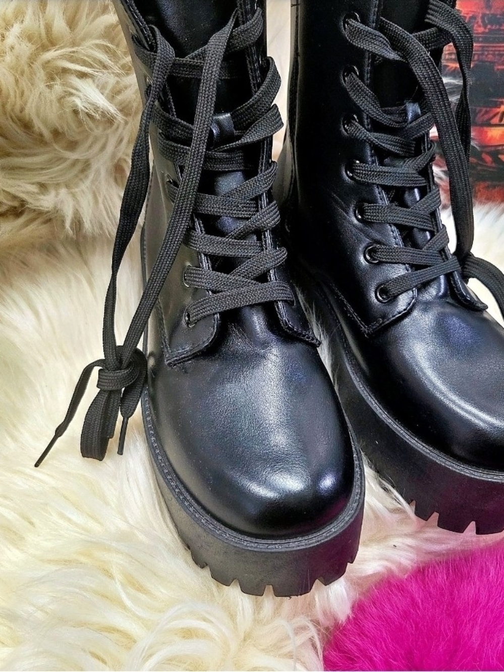 BAMBOO Black Chunky Lace-Up Platform Combat Boots
